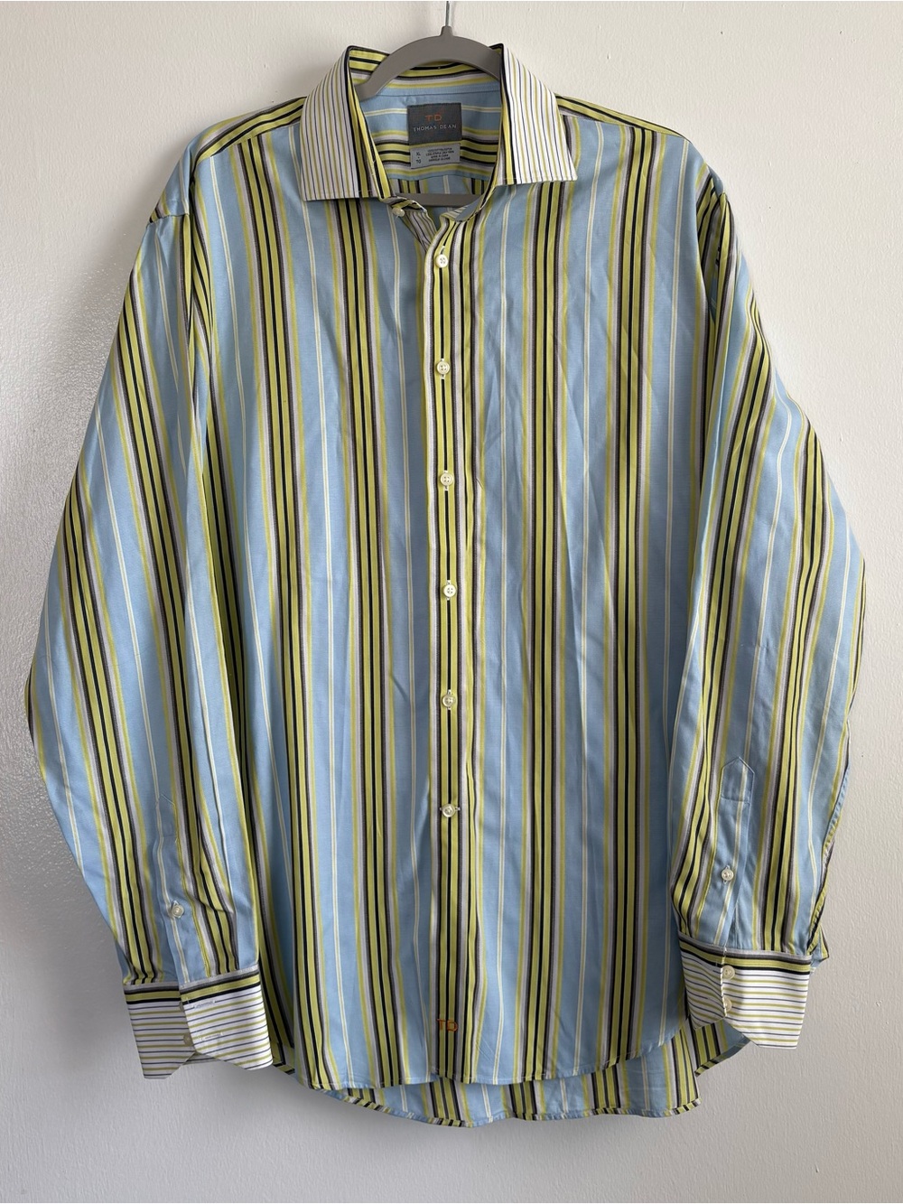 Thomas Dean Men’s XL Blue Yellow Striped Woven Cotton Button-Up Shirt LS